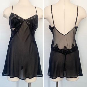 Y2K Victoria’s Secret Silk Chiffon Black Sequin Chemise Babydoll Slip Dress M 🔥